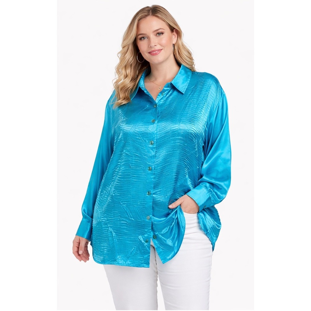 Maggie Sweet Button Down Shirt Women 2X Blue Textured Satin Blouse Colorful Plus
